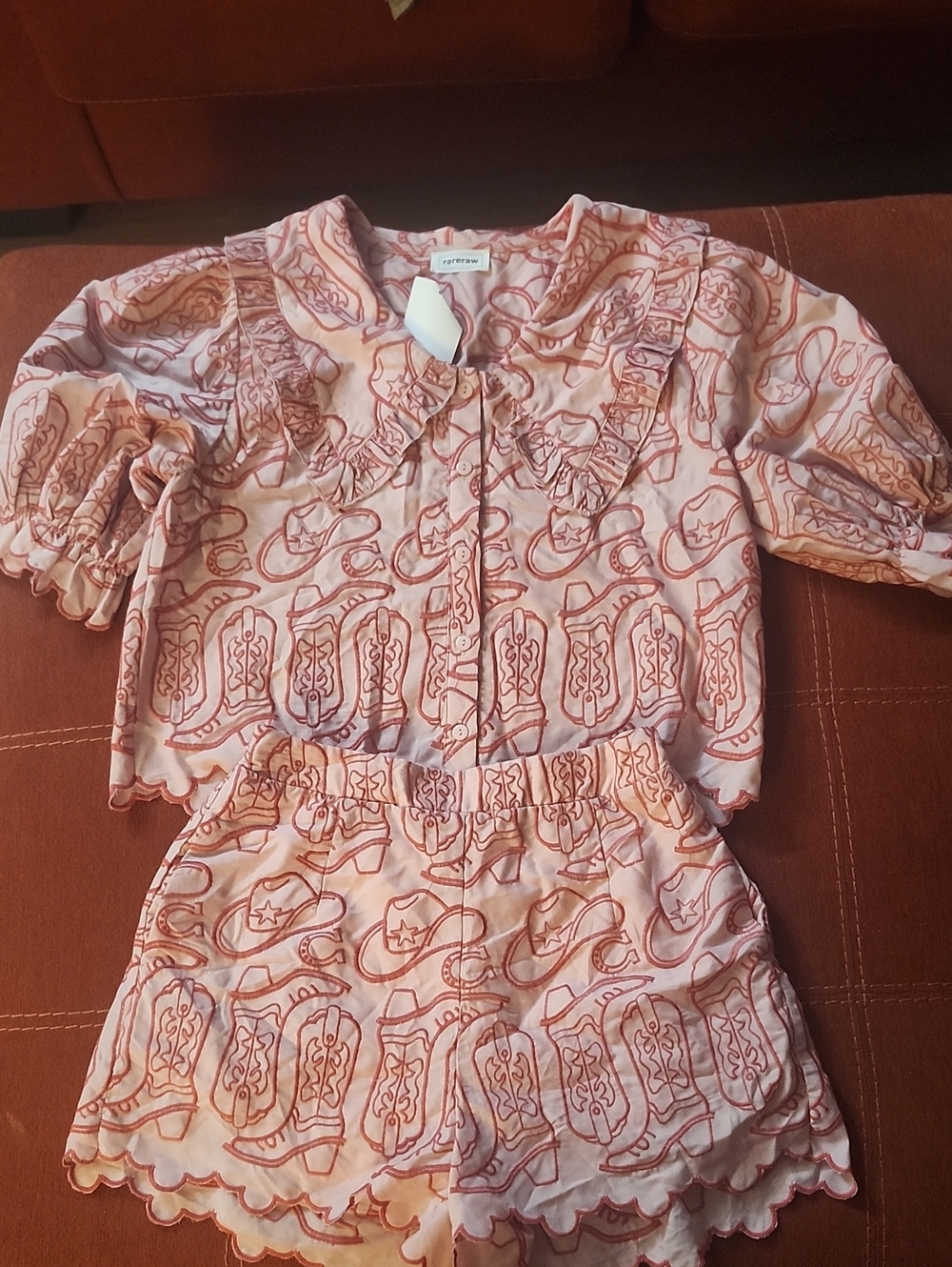Rareraw Embroidered Western Pink  Ruffle Short Set NWOT